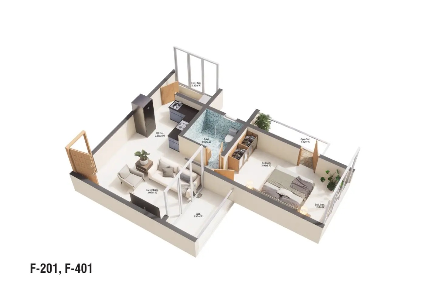 Unit F-201, F-401 — 1 BHK