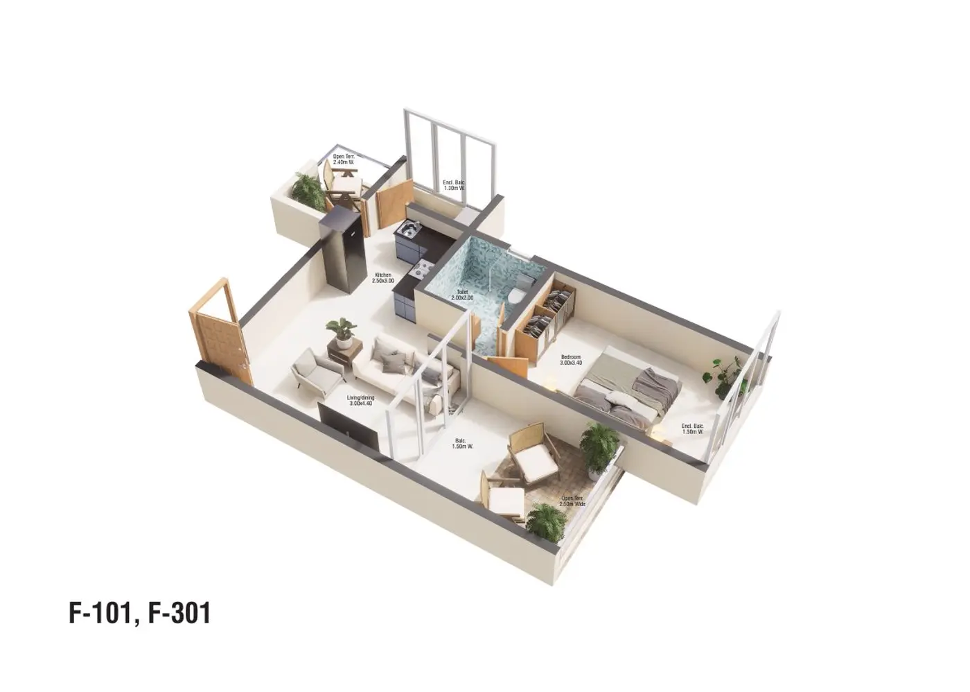 Unit F-101, F-301 — 1 BHK