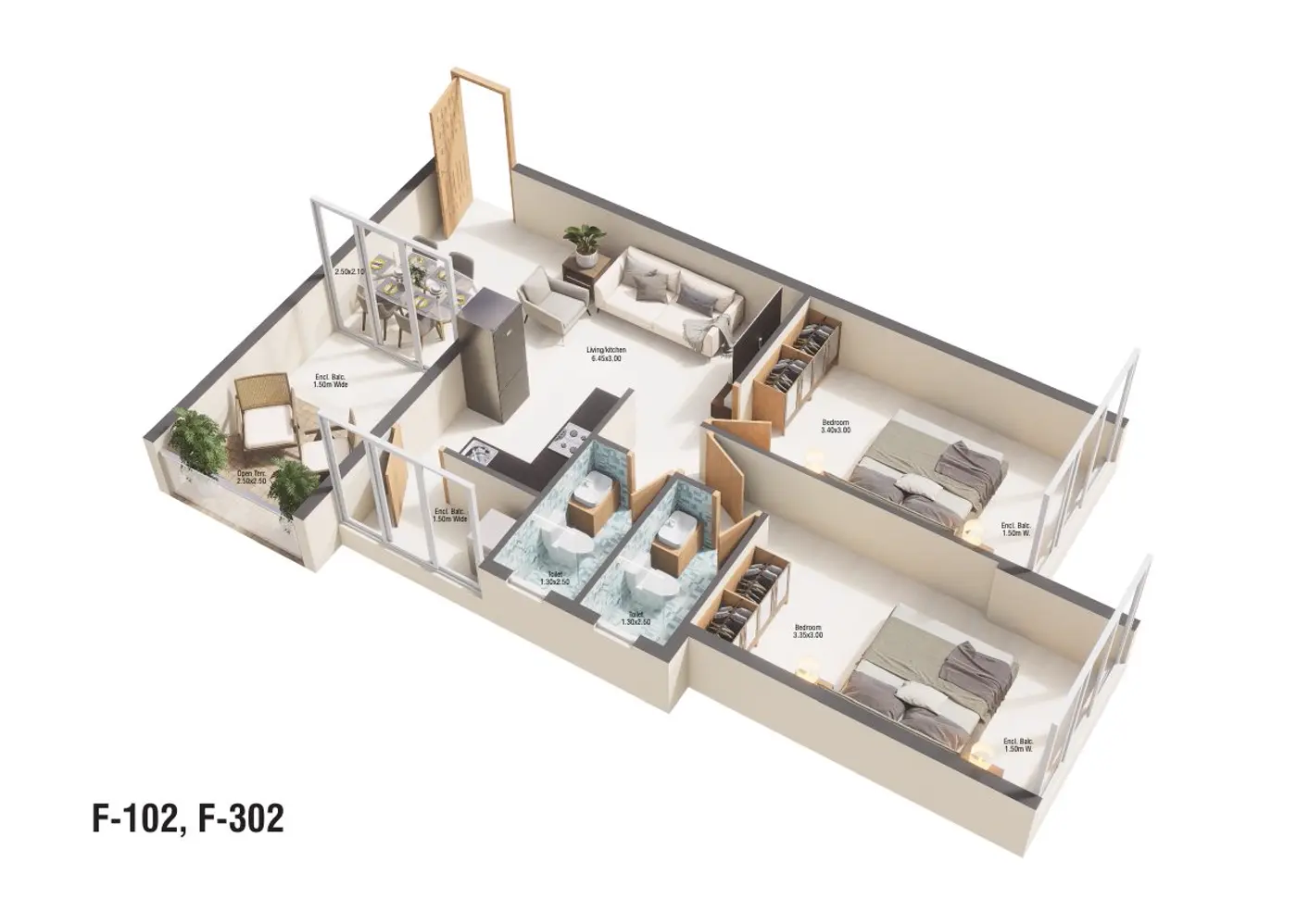 Unit F-102, F-302 — 2 BHK
